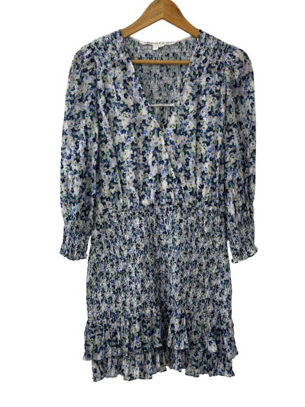 Veronica Beard Blue Floral Smocked-Waist Long Sleeve Mini Dress